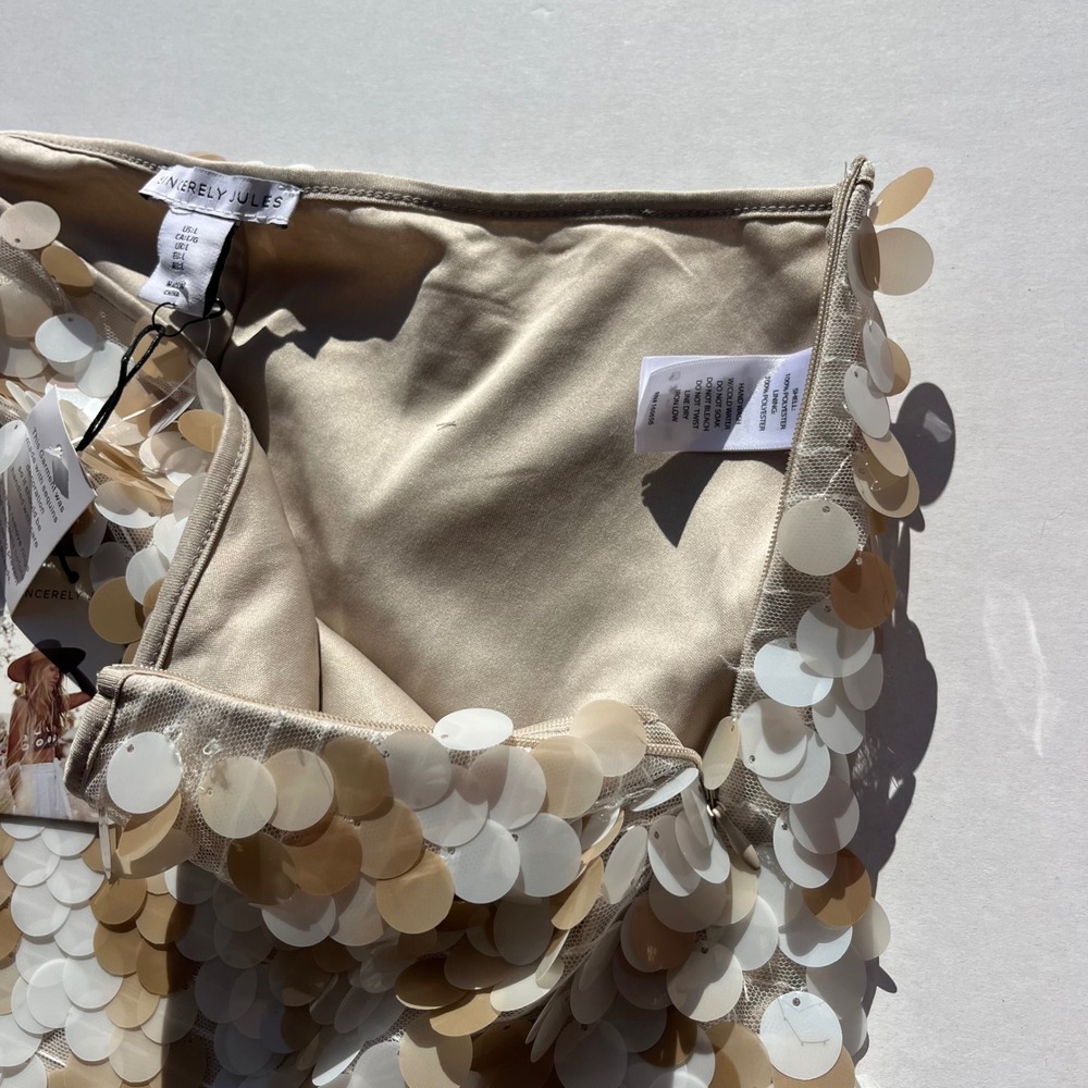 Sincerely Jules Womens L Cream Tan Sequin Paillette Side Zip Mini Skirt NEW Boho - Picture 11 of 15